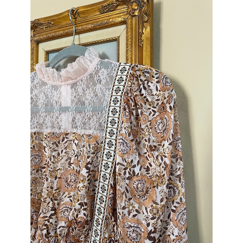 SHEIN Mini Floral Printed High Neck Ruffle Lace Trim Long Sleeve Mini Dress XS 2 - Picture 5 of 16